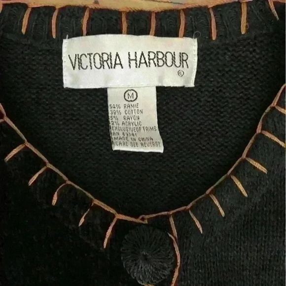 Vintage 80s Victoria Harbour Sweater Size M  Leaf Patchwork Print Black Fall - Picture 13 of 13